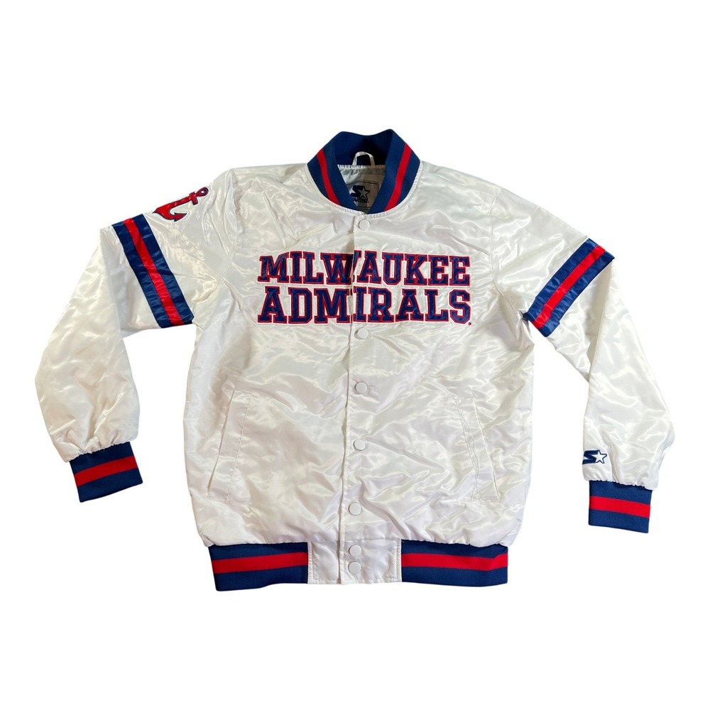 Vintage‎ Starter Milwaukee Admirals Jacket Mens Medium White Satin Bomber AHL
